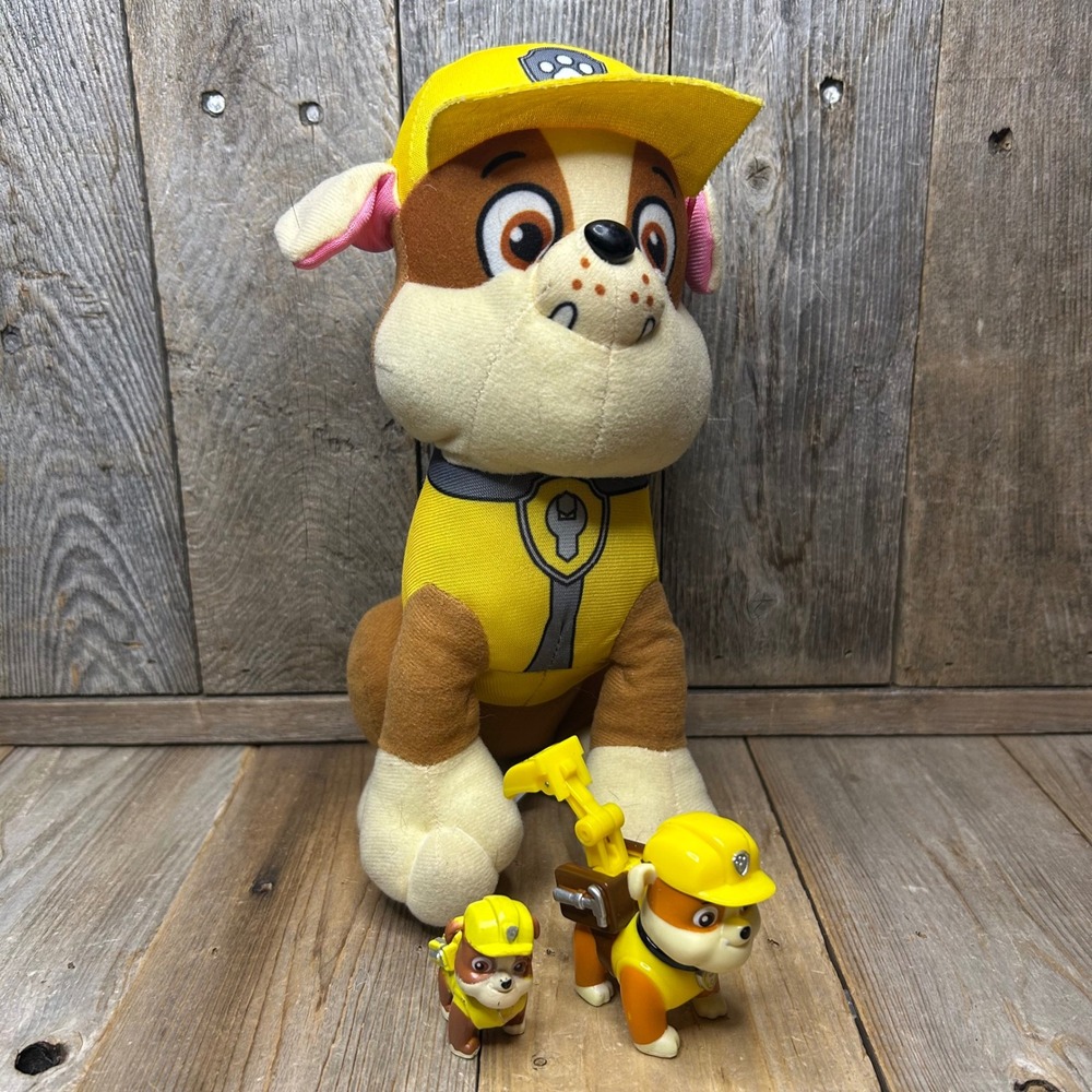 Paw Patrol Rubble Toy Lot Plush 9 Inch and 2 Action Figures Yellow Construction